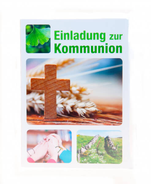 Kommunionkarte - 5er Set Einladungskarten und Holzkreuz