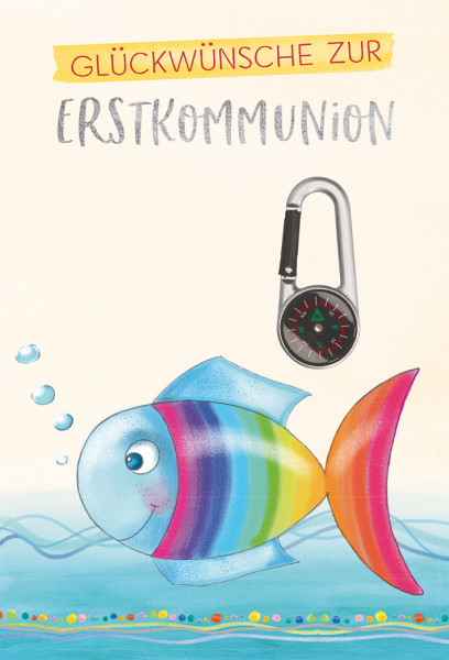 Karte zur Kommunion Regenbogenfisch & Kompass